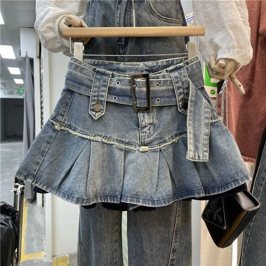 Retro Light Blue Pleated Denim Skirt 2024 Summer Sweet Cool Spicy Girl Belt A-line Half Skirt Fashion High Street Ladies Wear W