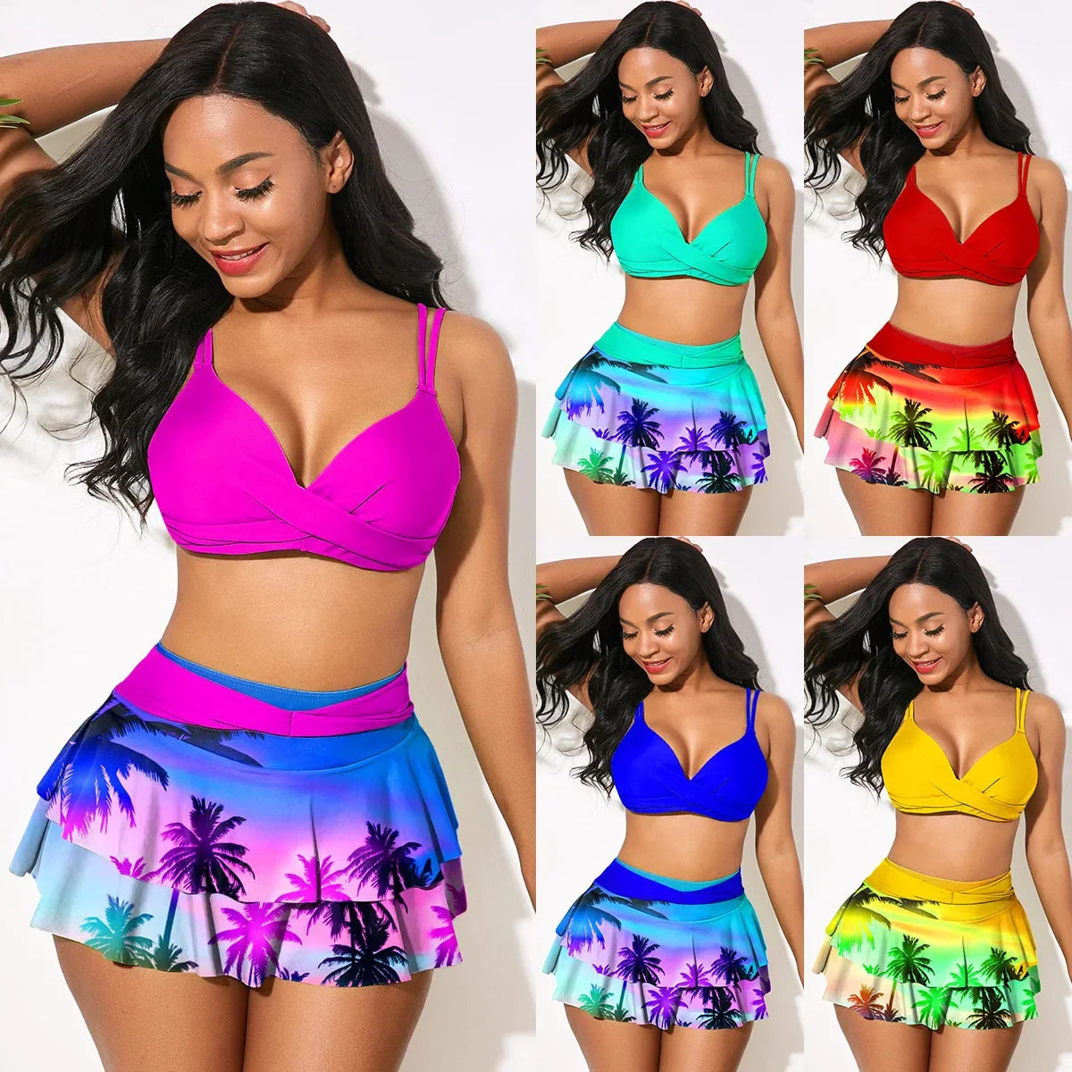 Sexy Ruffled Swimsuit Women Push Up Hollow Out Cross Bikini Set Women Maple Print Beach Bathing Suit Skirt Swimwear Plus Size