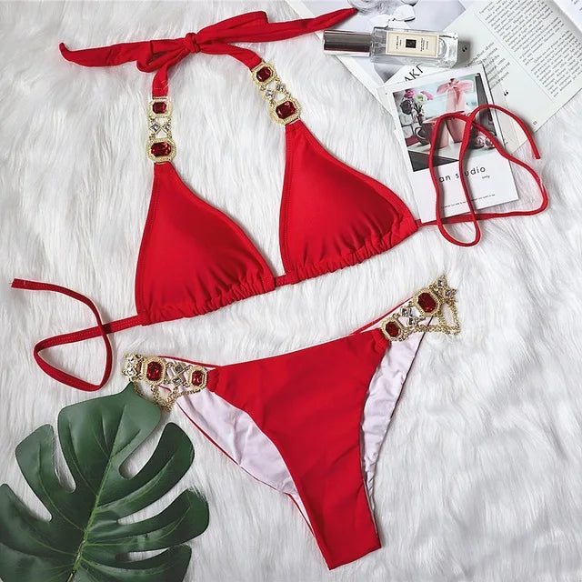 Halter Metal Chains Rhinestone Diamond Bikini Women Swimsuit Female Swimwear Two Pieces Bikini set Brazilian Bathing Suit Swim B093Red CHINA