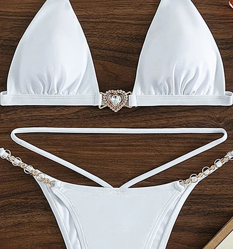 White Sexy Crystal Chain Micro Thong String Halter High Cut Triangle Top Bathing Suit