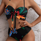 3 Pieces Floral Print Knot Front Bikinis 2024 Women Ruffle Swimwear Female High Waist Swimsuit With Beach Skirt Bathing Suit