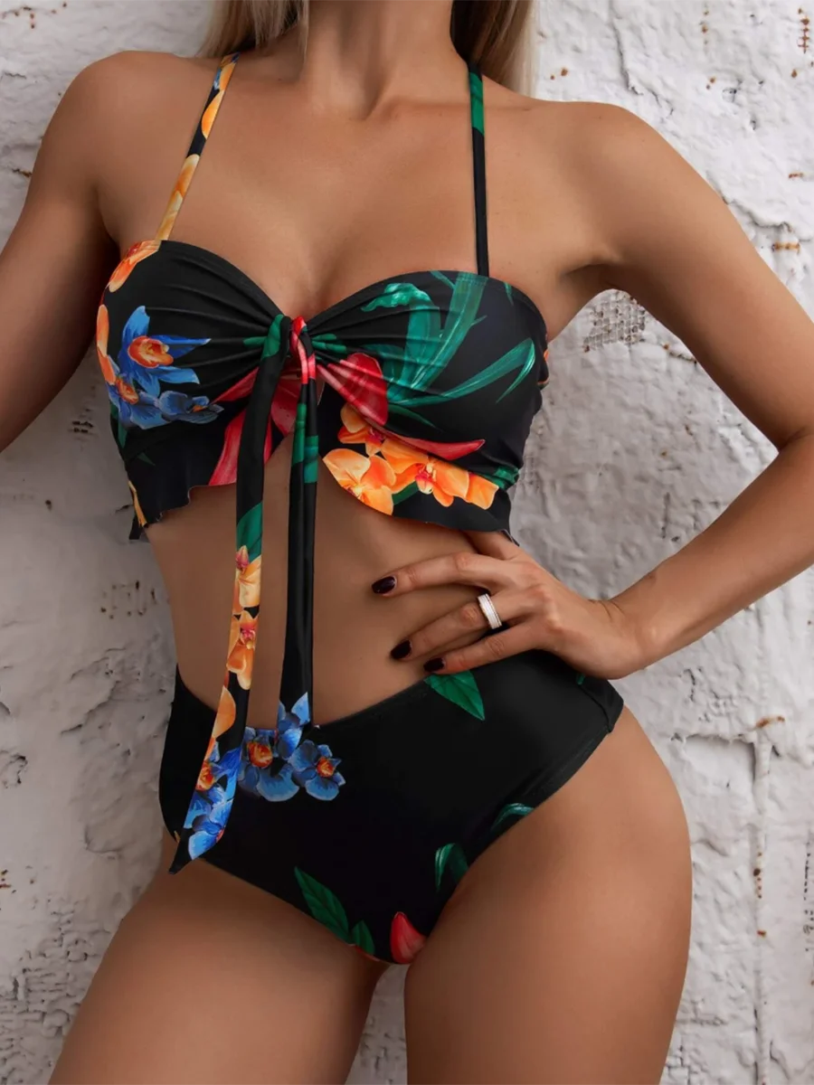 3 Pieces Floral Print Knot Front Bikinis 2024 Women Ruffle Swimwear Female High Waist Swimsuit With Beach Skirt Bathing Suit