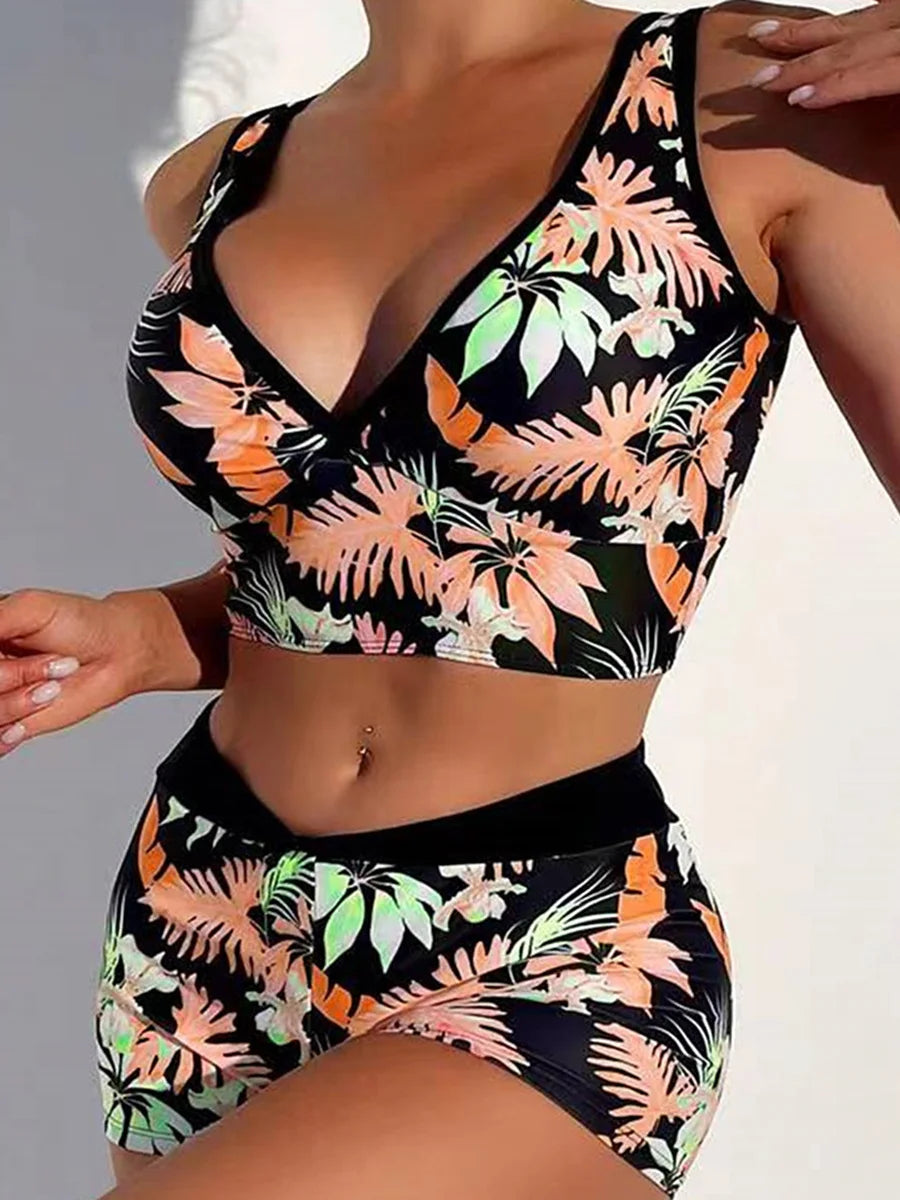 Print V Neck & Waist Boxer Bikini 2024 Swimsuit Women Padded Swimwear Female Bathers Bathing Swimming Swim Suit Beachwear Orange