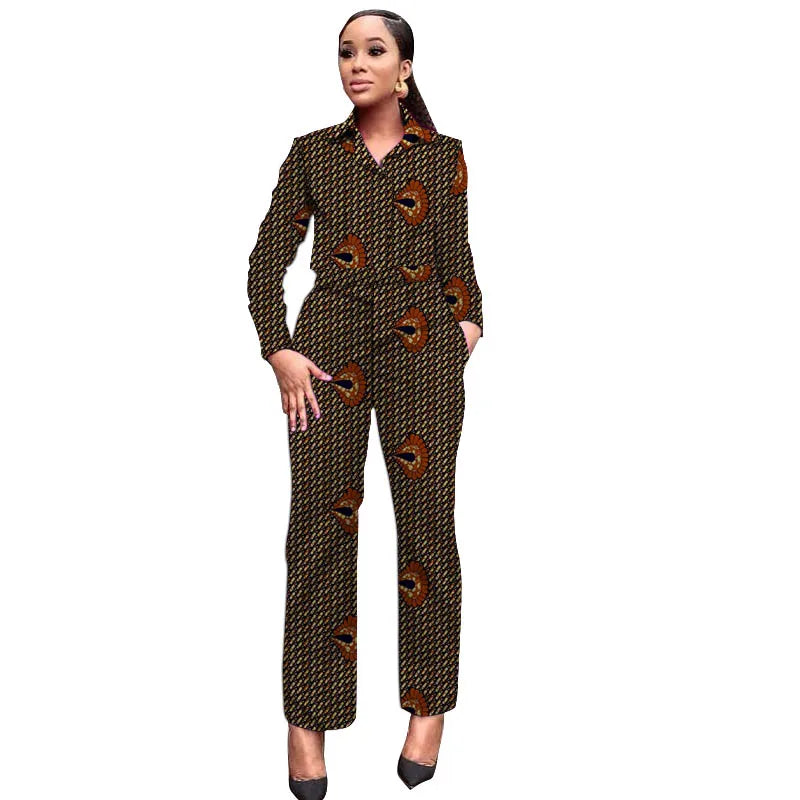 African Wax Print Women Outfits Turn Down Collar Shirts Patch Casual Pants Ankara Fashion Female Dashiki Wear 14 CHINA