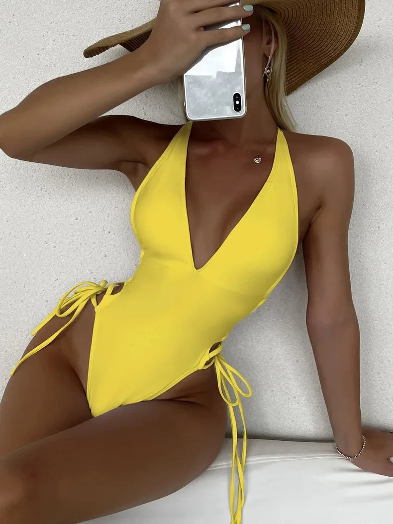 Fashion Solid Deep V Neck One Piece Swimsuit Women Yellow White Hollow Out Pleate Swimwear Beach Bandage Bathing Suit Monokini