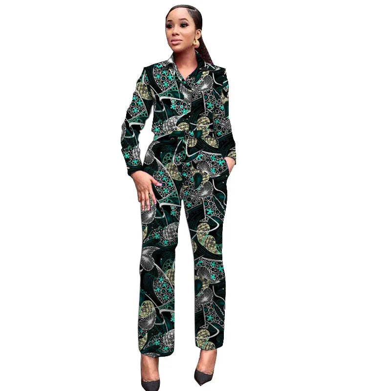 African Wax Print Women Outfits Turn Down Collar Shirts Patch Casual Pants Ankara Fashion Female Dashiki Wear 8 CHINA