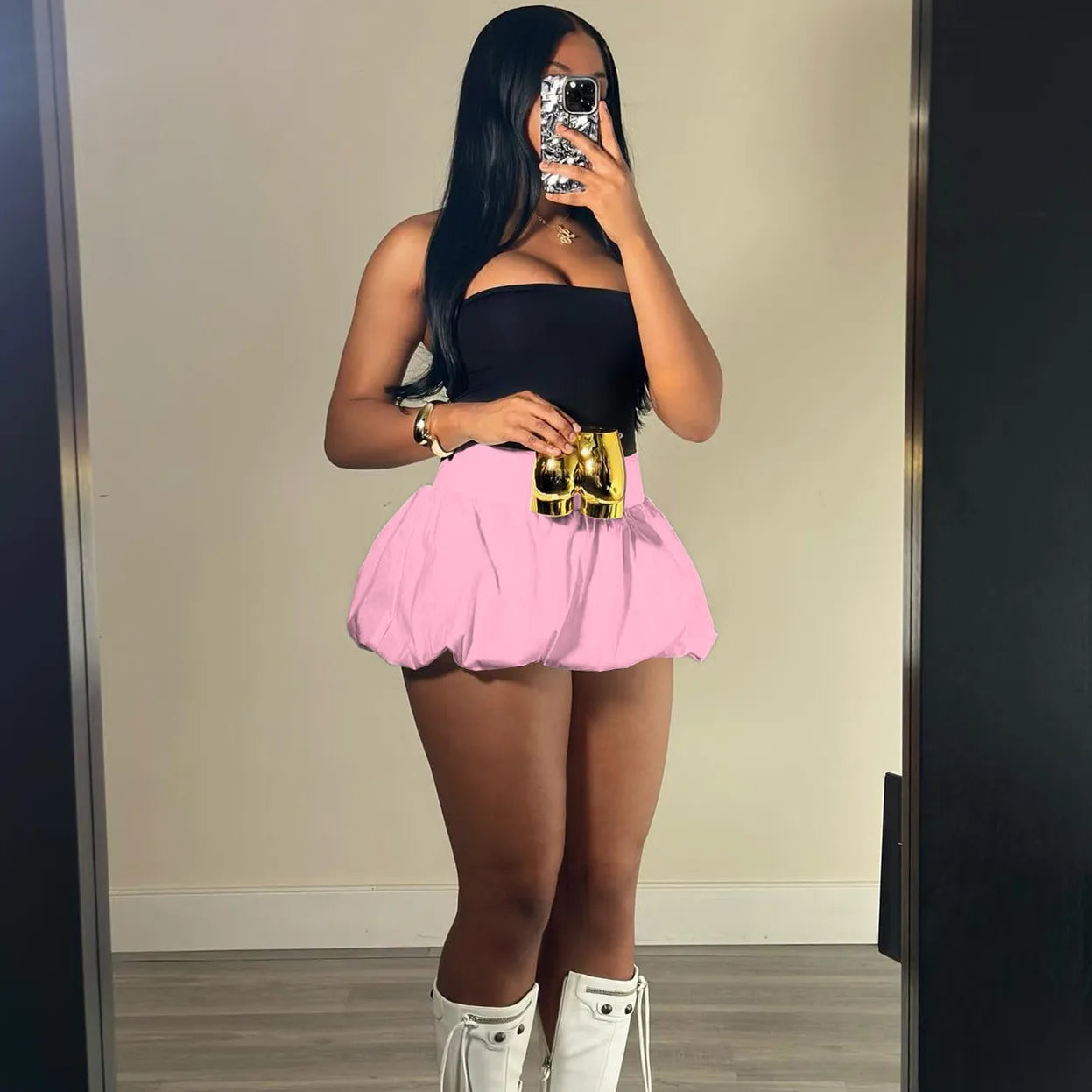 FAGADOER Fashion Solid Bubble Ruched Mini Skirts Women Elastic High Waist Slim Puff Skirts Summer New Female Matching Streetwear pink Skirt