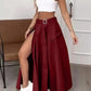 2024 Summer New Fashion Solid Color High Waist Split Casual Commuter Skirt Long Dress Burgundy