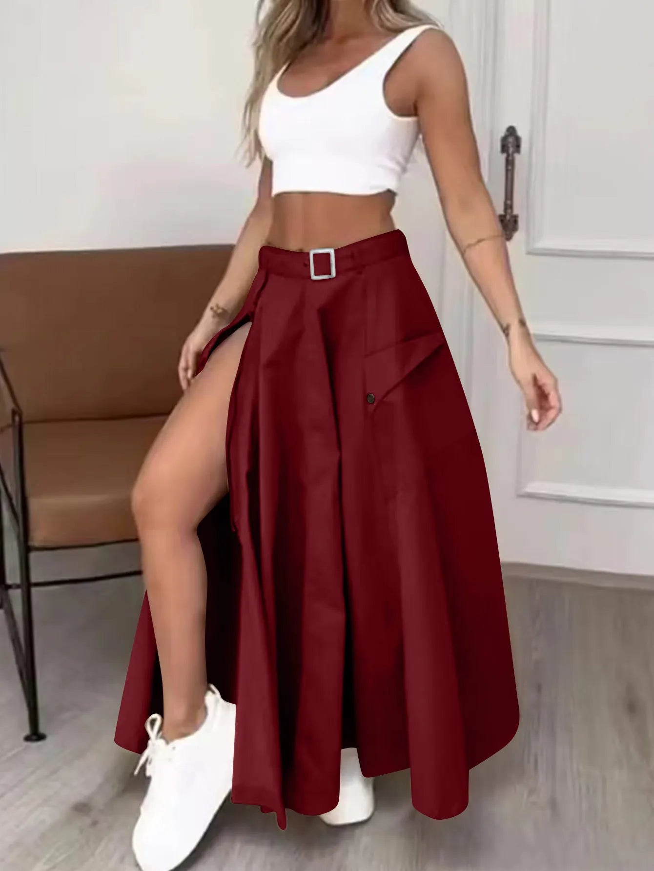 2024 Summer New Fashion Solid Color High Waist Split Casual Commuter Skirt Long Dress Burgundy