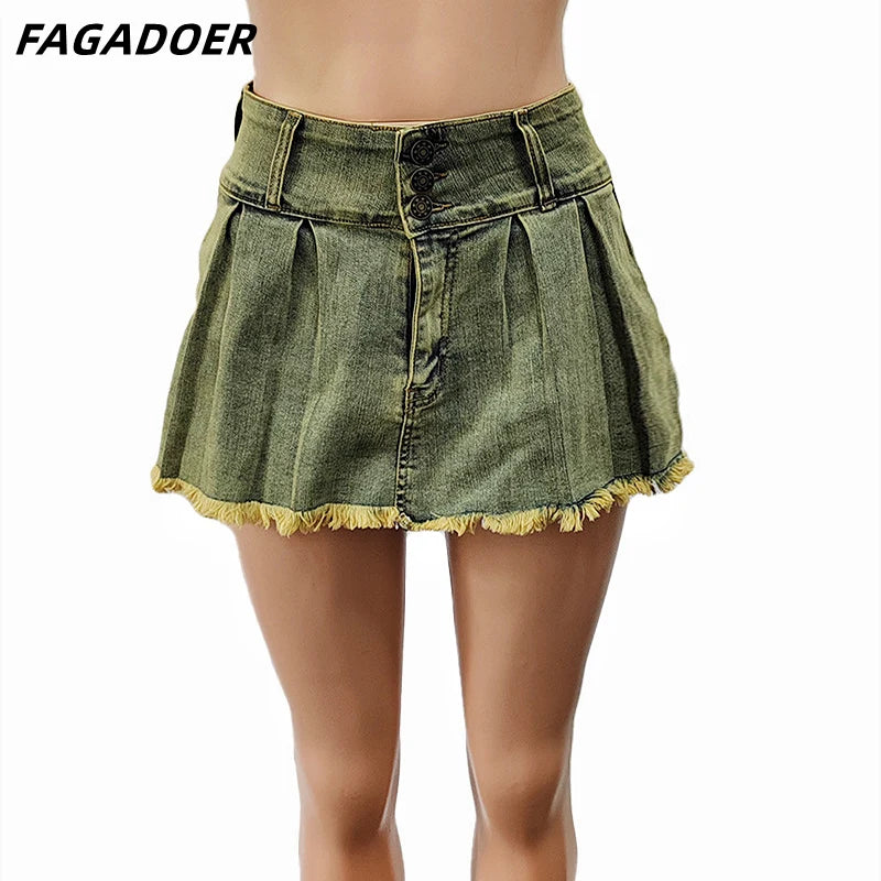 FAGADOER Fashion Y2K Cute Pleated Denim Skirts Women High Waisted Button Mini Shorts Skirts Summer New Retro Matching Bottoms