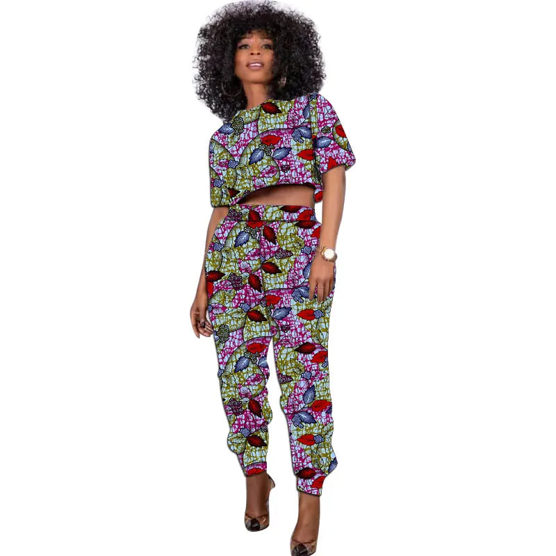 African Print Outfit Summer Women's Set Short Tops With Jogger Pants Casual Female Ankara Clothing 1