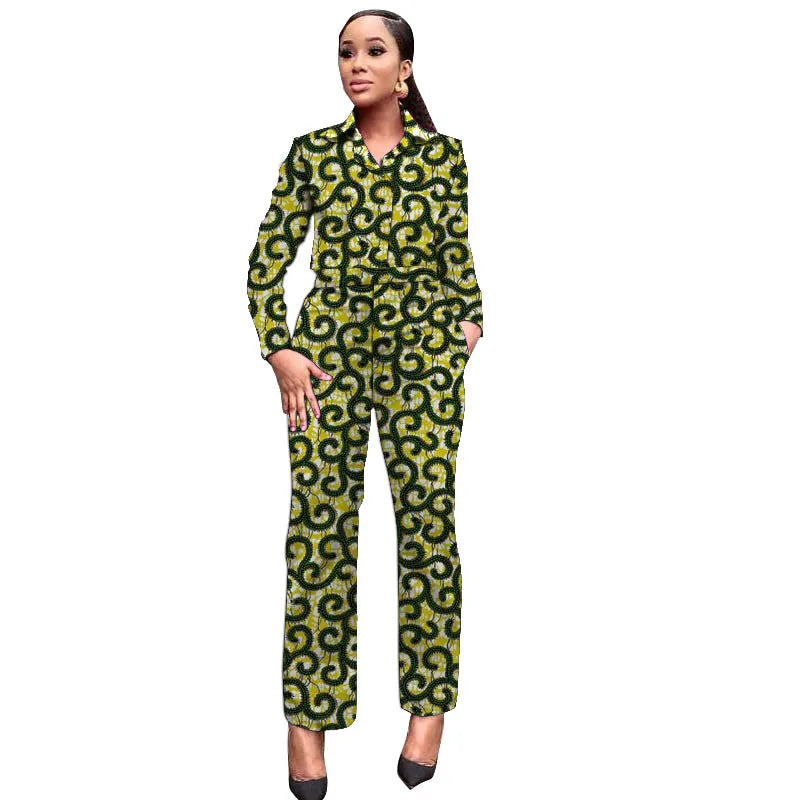 African Wax Print Women Outfits Turn Down Collar Shirts Patch Casual Pants Ankara Fashion Female Dashiki Wear 5 CHINA