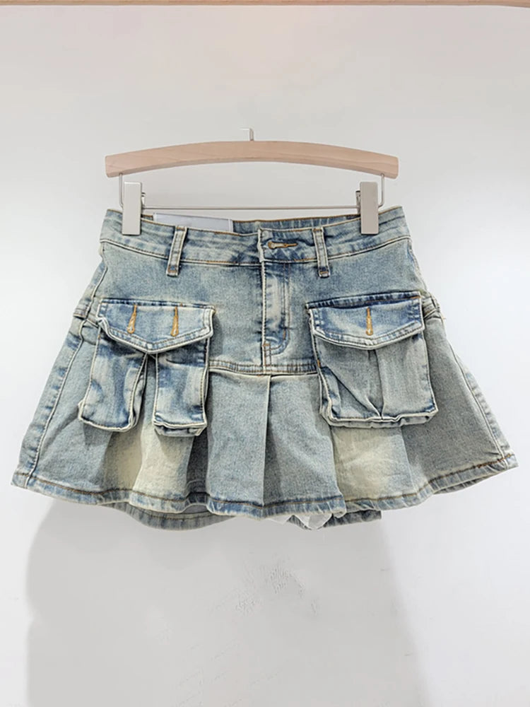 DEAT Women's Denim Skirts Patchwork Asymmetric Pockets Pleated A-line Short Cargo Miniskirt 2024 Summer New Fashion 29L6949