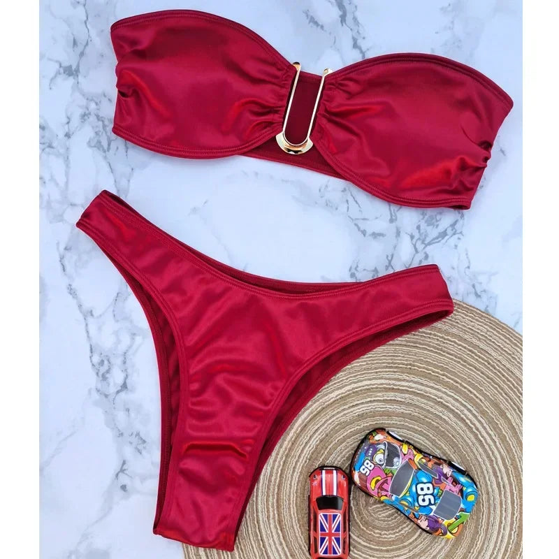 2024 New Bandeau Bikini Set Off Shoulder Two-piece Swimwear Bathing Suit Strapless Women's Swimsuit Biquini Red