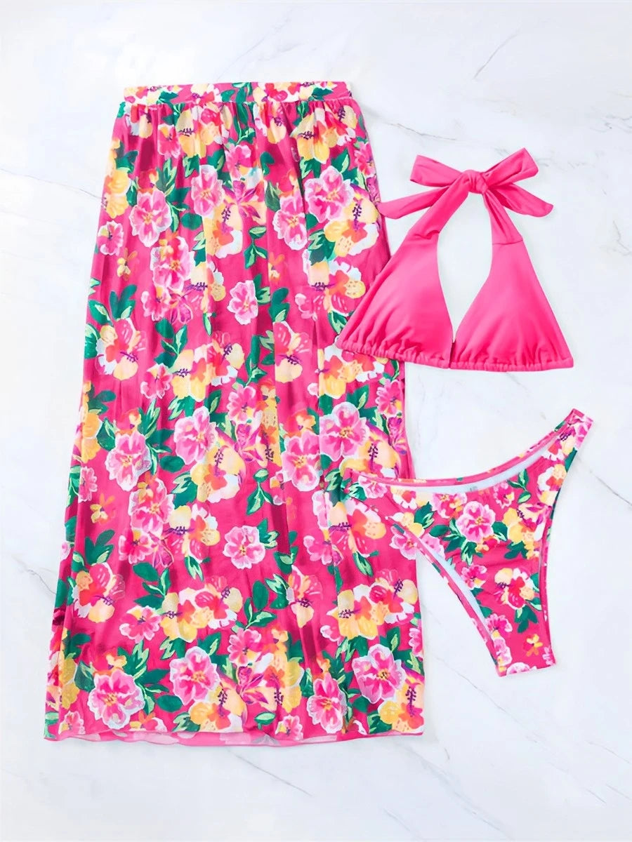 2024 Halter String Print 3 Piece Bikini Long Skirt Swimsuit Women Swimwear Female Bather Bathing Swimming Swim Suit Beachwear