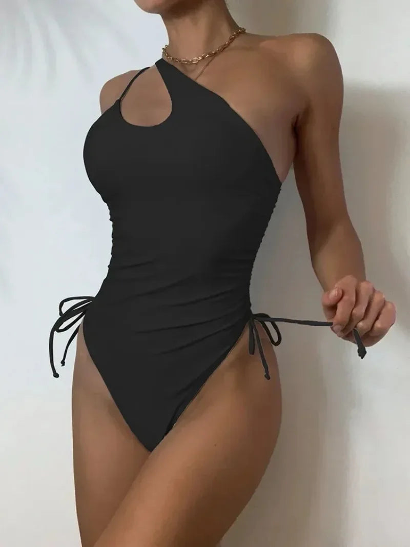 Fashion Solid Deep V Neck One Piece Swimsuit Women Yellow White Hollow Out Pleate Swimwear Beach Bandage Bathing Suit Monokini BS187 Black