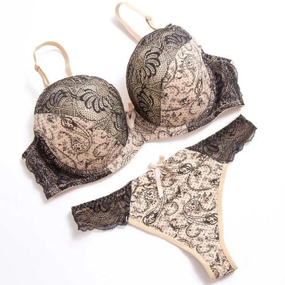 Thin Cotton Padded Breathable Push Up Bra And Panty Lingerie Khaki One Size