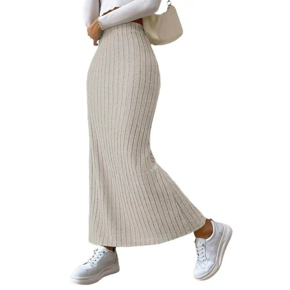 Solid Color Long Skirt Striped High Waist Knitted Maxi Skirt for Women Warm Slim Fit Ankle Length Sheath Skirt with Split Hem