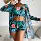 VigoBreviya 2024 Print 3 Piece Mesh Long Sleeve Smock Bikini Set Push Up Strapped Swimwear Backless Women High Waist Swimsuit