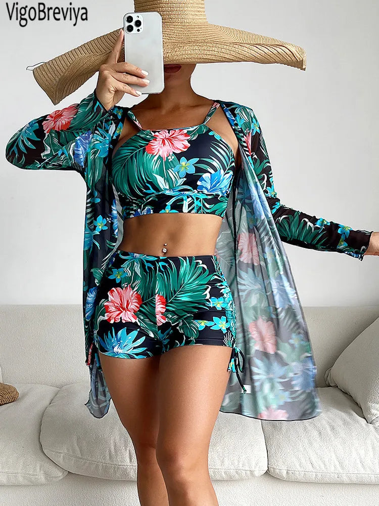 VigoBreviya 2024 Print 3 Piece Mesh Long Sleeve Smock Bikini Set Push Up Strapped Swimwear Backless Women High Waist Swimsuit