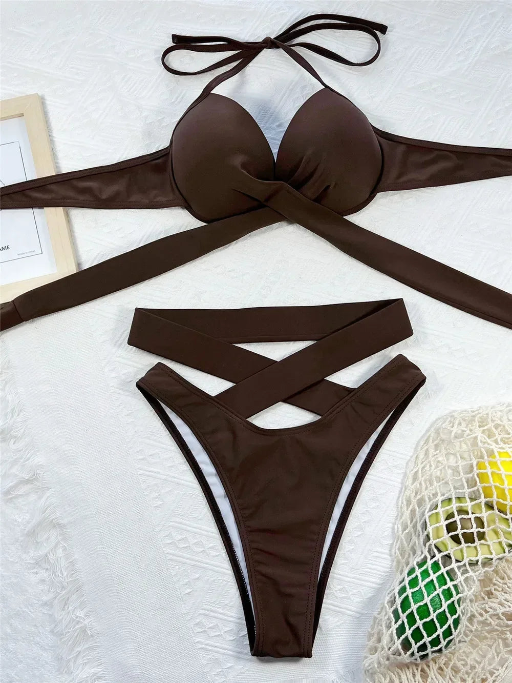 Twisted Bandage Halter Bikini 2024 Mujer High Waist Swimwear Women Swimsuit Bathing Suit Brown Brazilian Bikinis Set Beachwear