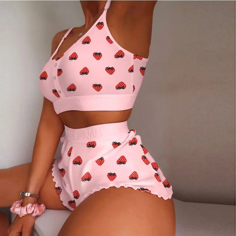 2 Pieces Set Women's Pajama Shorts Suit Multiple Print Underwear Sexy Lingerie Camisoles Tanks Nighty Ladies Loungewear Homewear 7