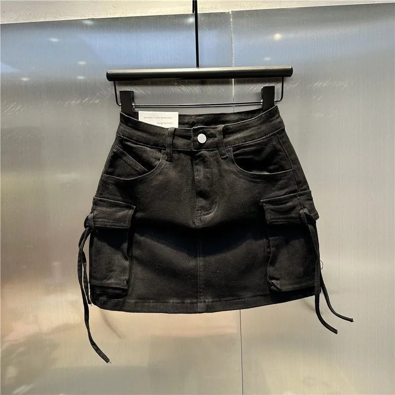 2024 New Fashion Three Dimensional Strap Pocket Wash High Tooling Denim Skirt Women Y2K Summer Vintage Casual Joker A Skirt 1 1