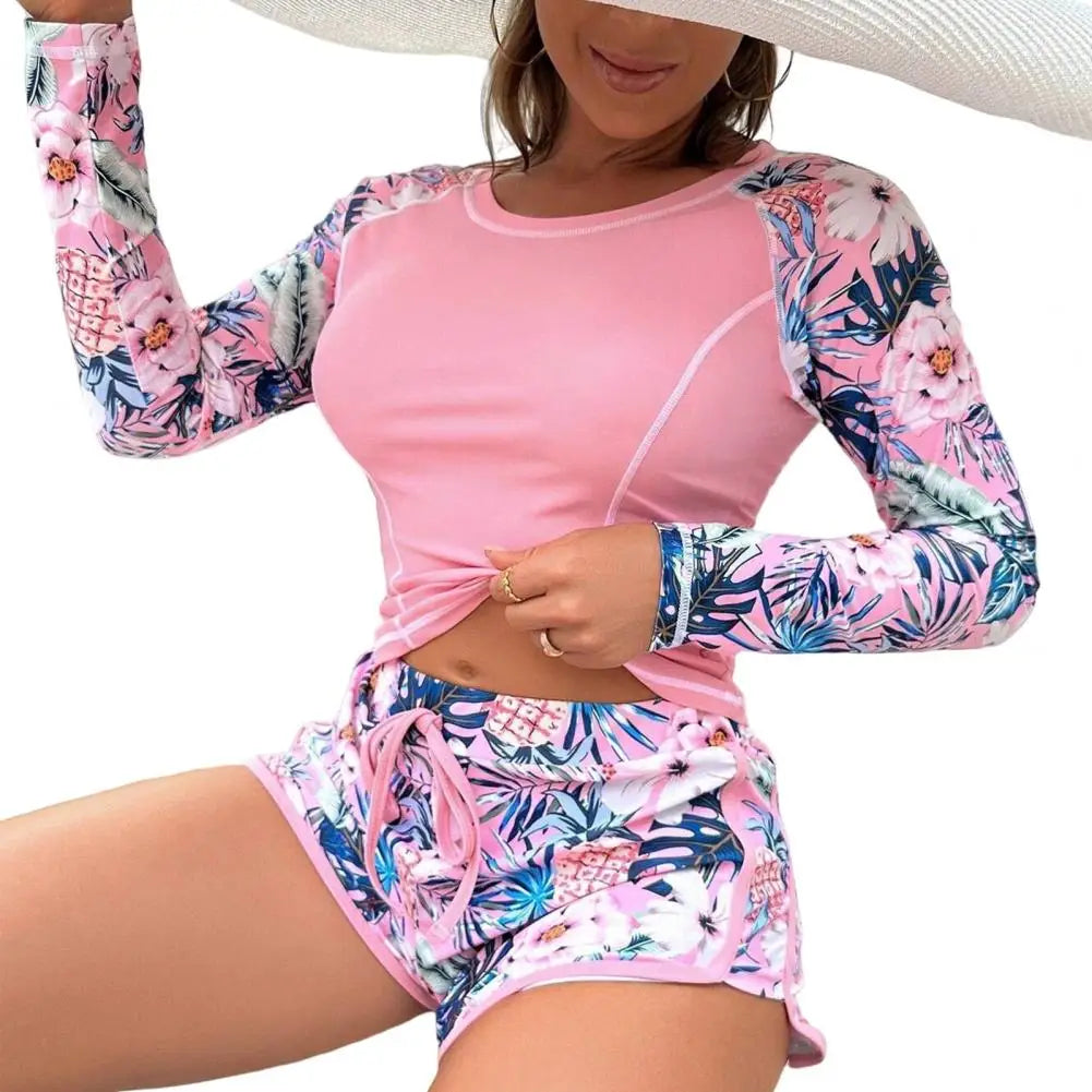 2024 New Tankini Women Swimsuit Tropical Print Bikini Set Long Sleeve Swimwear Summer Shorts Beachwear Female Bathing Suit Pink