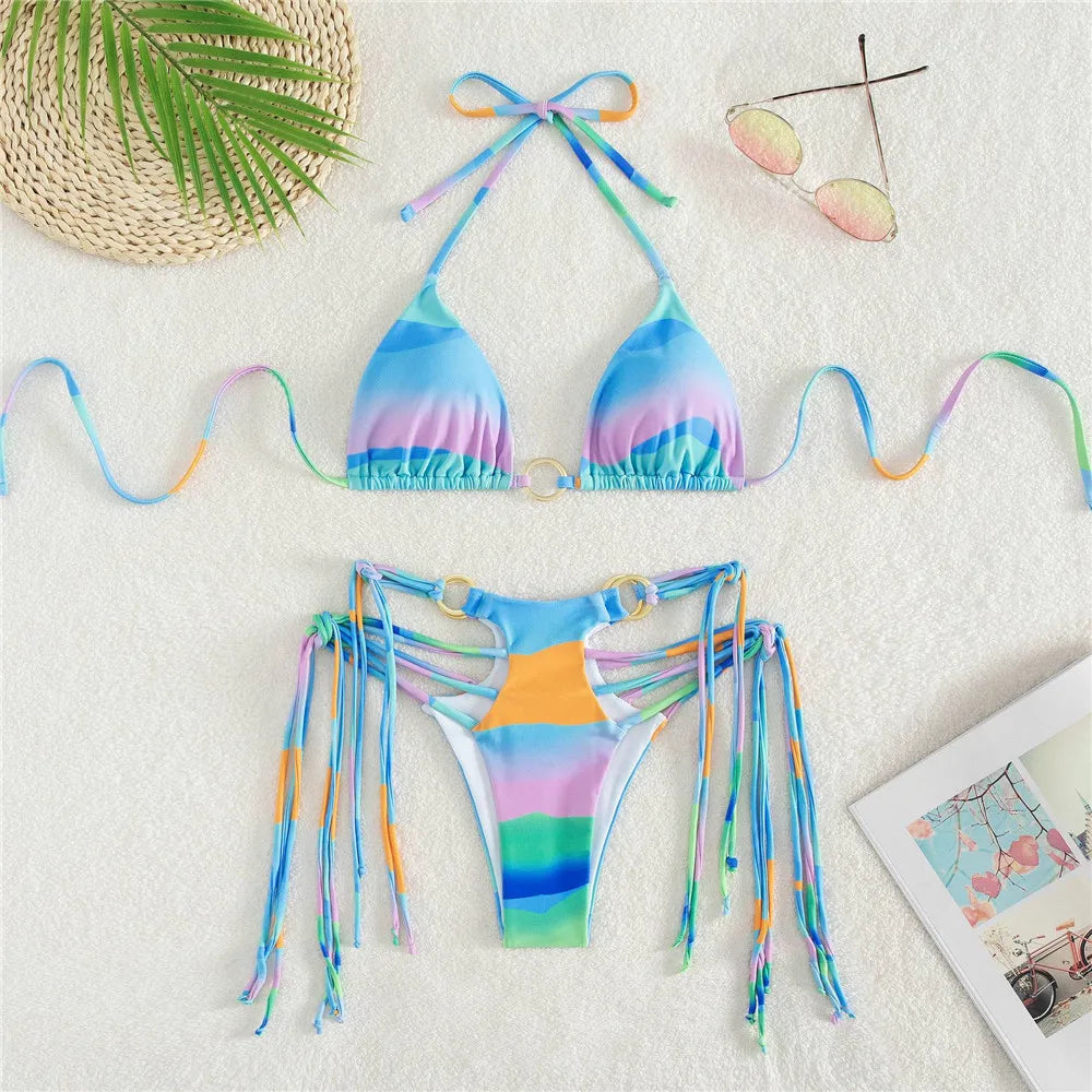 Sexy Gradient Tie Dye Print Micro Thong Bikinis Set Swimsuit String Halter Swimwear Swimming Suit for Women Bikini Mujer Biquini striped