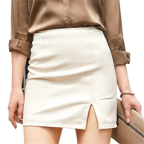 2024 Spring/summer Red Crocodile Pattern PU Skirt Ladies Slit Skirt Slim Stretch Leather Skirts White Brown Black Green N851 White