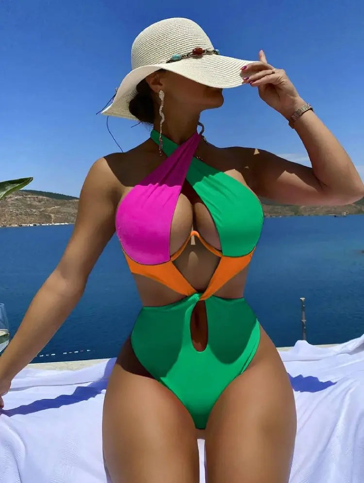 Cikini-Colorblock Cut Out Tie Back Underwire Swimsuit for Women, Summer Beach Swimwear, One Piece Bathing Suit Green