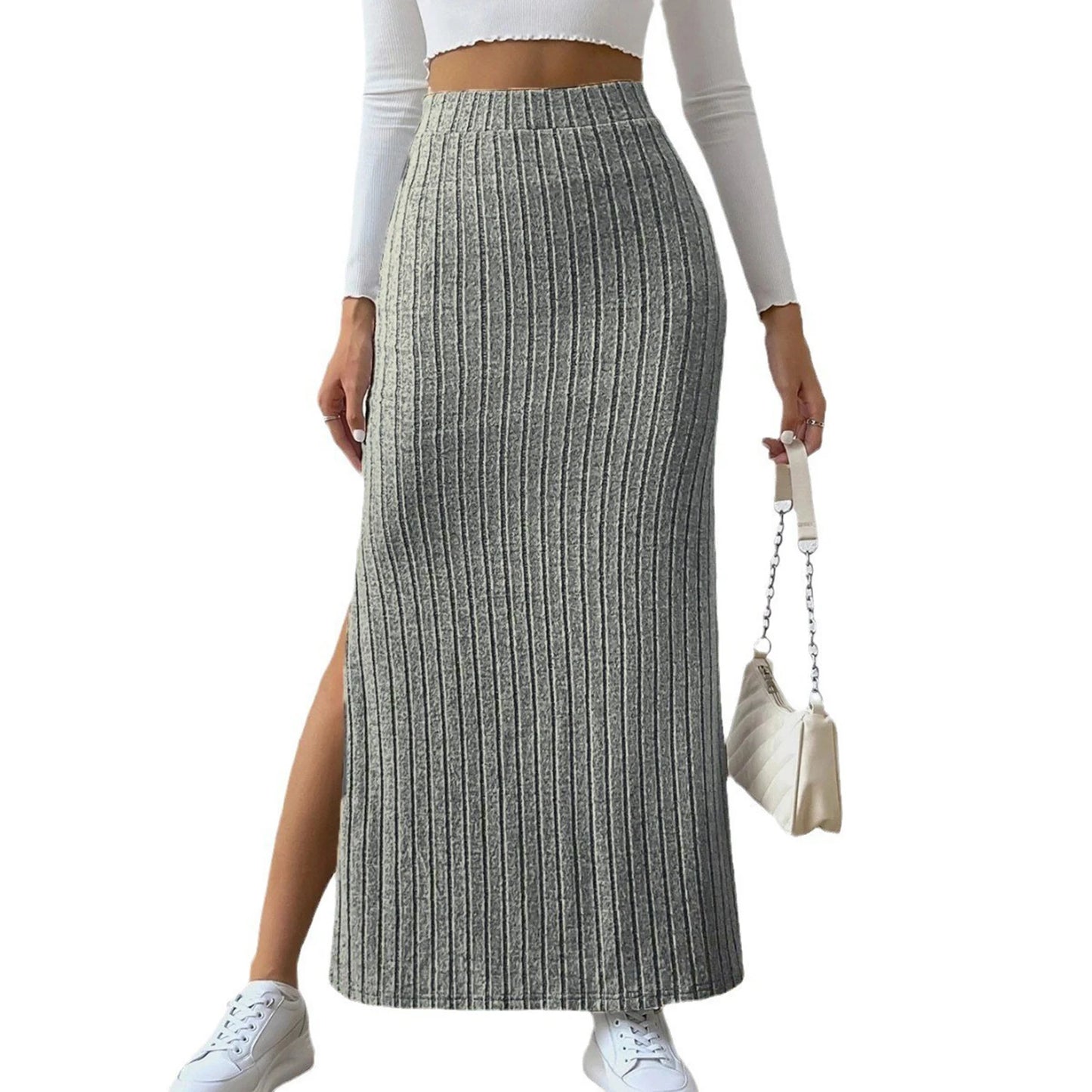 Solid Color Long Skirt Striped High Waist Knitted Maxi Skirt for Women Warm Slim Fit Ankle Length Sheath Skirt with Split Hem GRAY