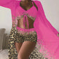 3 Piece High Waist Bikini Printed & Kimono Swimwear Hot Pink