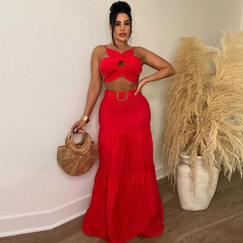 Dashiki African Slim Skirt Set Women Sleeveless Tops And Maxi Skirt 2 Piece Suits Summer Casual Bodycon Vest Set Streetwear Red