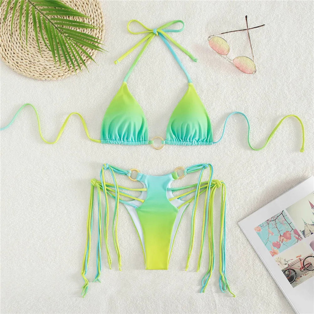 Sexy Gradient Tie Dye Print Micro Thong Bikinis Set Swimsuit String Halter Swimwear Swimming Suit for Women Bikini Mujer Biquini yellow