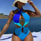 Cikini-Colorblock Cut Out Tie Back Underwire Swimsuit for Women, Summer Beach Swimwear, One Piece Bathing Suit Blue