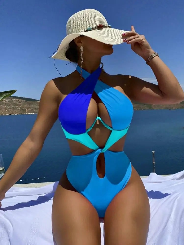 Cikini-Colorblock Cut Out Tie Back Underwire Swimsuit for Women, Summer Beach Swimwear, One Piece Bathing Suit Blue