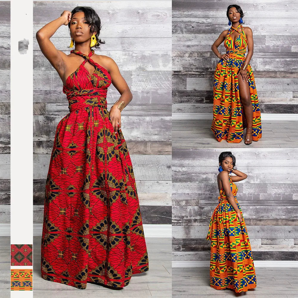 2022 new summer elegent fashion style african women printing plus size polyester long dress orange color