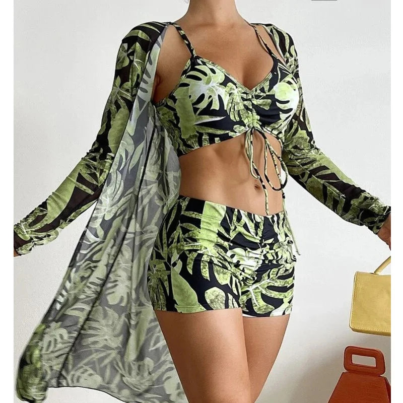 Print Tankini Push Up Three-Piece Bathing Suit A23041303G