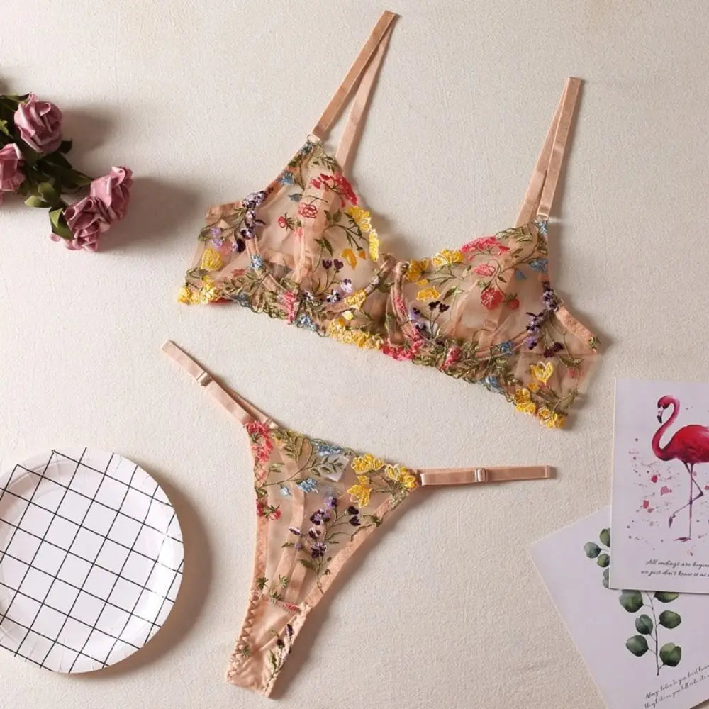 2-Piece Versatile Floral Lingerie Set Embroidery Sheer Boho Bra Panty Set Intimates