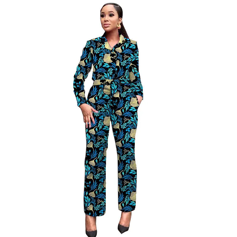 African Wax Print Women Outfits Turn Down Collar Shirts Patch Casual Pants Ankara Fashion Female Dashiki Wear 2 CHINA