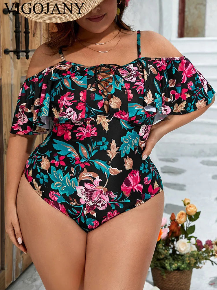 VigoJany 2024 Print Strapped Plus Size Swimwear Women Verge Push Up Large One Piece Swimsuit Beach Chubby Big Bathing Suit