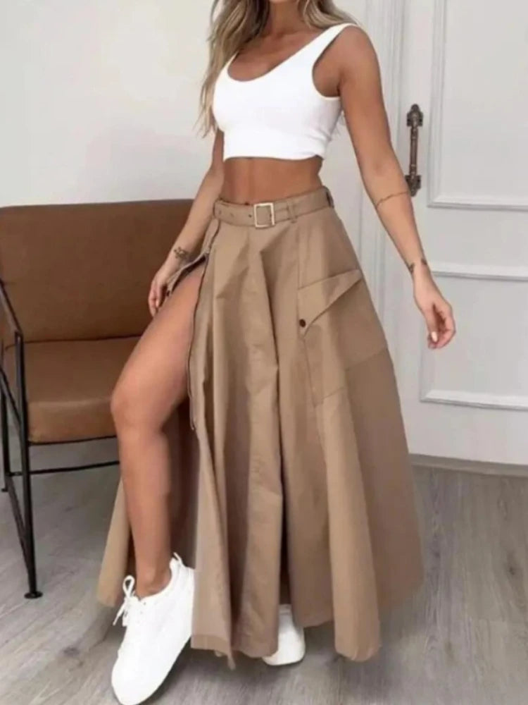 2024 Summer New Fashion Solid Color High Waist Split Casual Commuter Skirt Long Dress Khaki