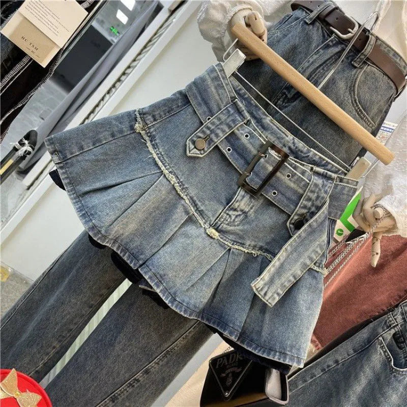 Retro Light Blue Pleated Denim Skirt 2024 Summer Sweet Cool Spicy Girl Belt A-line Half Skirt Fashion High Street Ladies Wear