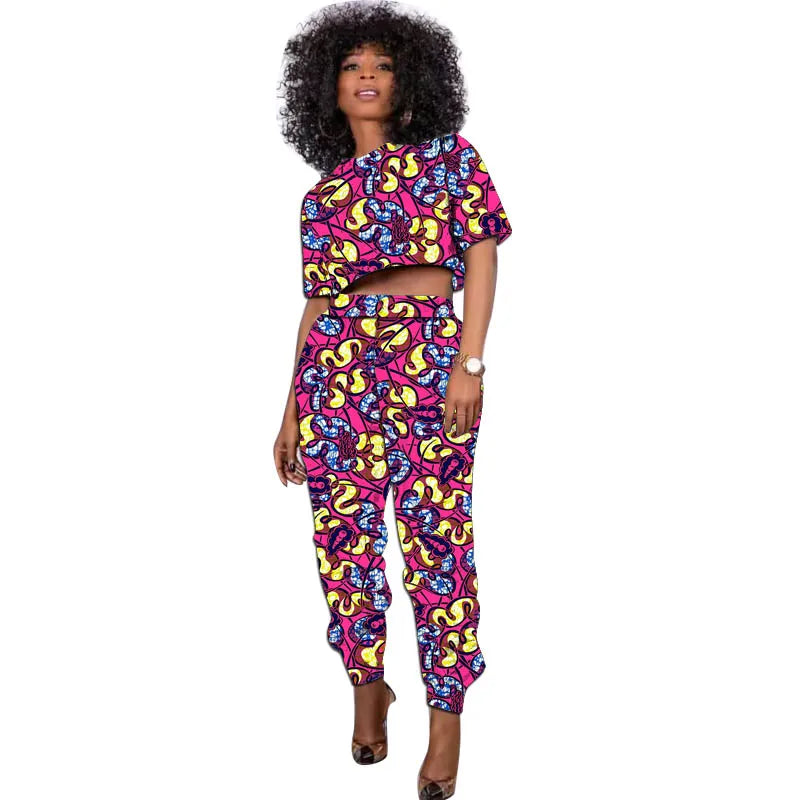 African Print Outfit Summer Women's Set Short Tops With Jogger Pants Casual Female Ankara Clothing 2