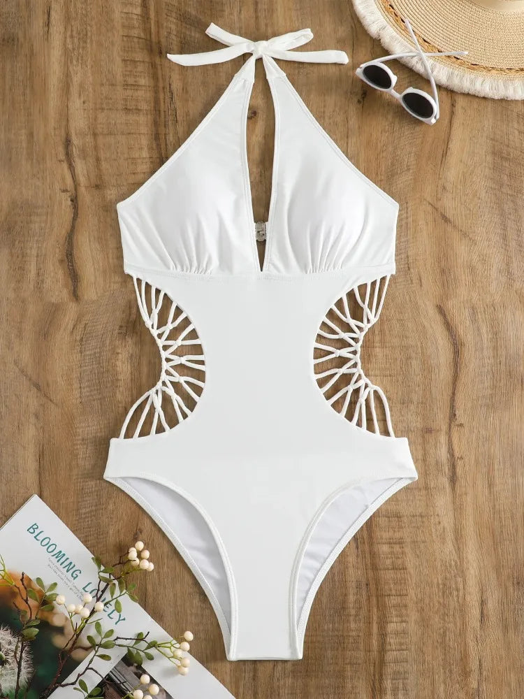 2024 Sexy Women's Cross One Piece Swimsuit Black Cut Out Swimwear Women Bathing Swimming Suit Female Beachwear Outdoor Bodysuit White