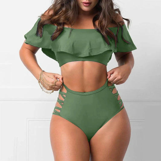 Women Ruffled Bikini Set Swimsuit Female Sexy Fashion Beachwear High Waist Swimwear Two Piece Set Bathing Suit Green