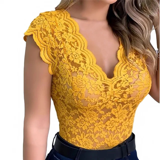 Sexy Deep V Neck Sleeveless Lace Blouse Shirts Summer Fashion Women Lace Patchwork Pullover Tops XCDZ-540738 Yellow