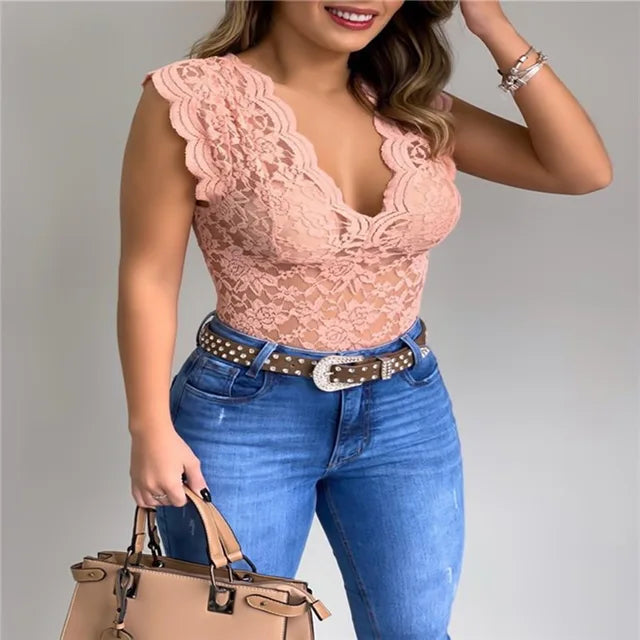 Sexy Deep V Neck Sleeveless Lace Blouse Shirts Summer Fashion Women Lace Patchwork Pullover Tops XCDZ-540738 Pink