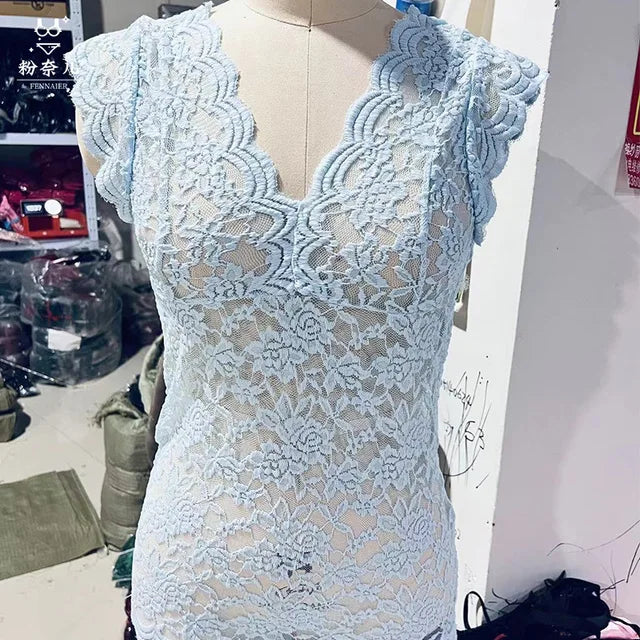 Sexy Deep V Neck Sleeveless Lace Blouse Shirts Summer Fashion Women Lace Patchwork Pullover Tops XCDZ-540738 Skyblue